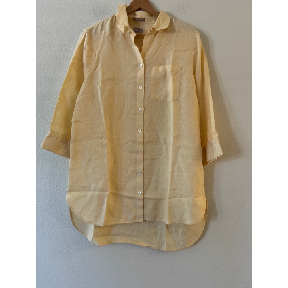 Chico's‎ No Iron Linen Tunic Shirt 3/4 Sleeve High Low Hem Size 1 Yellow Exc